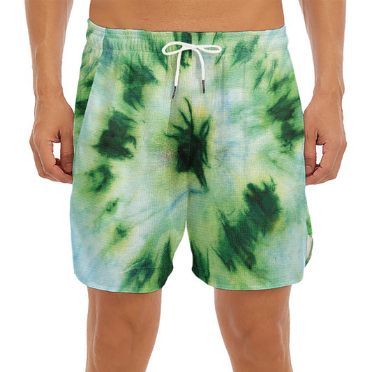 Green And Black Acid Wash Tie Dye Print Men's Split Running Shorts