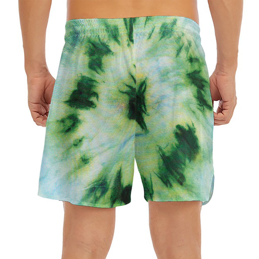 Green And Black Acid Wash Tie Dye Print Men's Split Running Shorts
