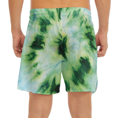 Green And Black Acid Wash Tie Dye Print Men's Split Running Shorts