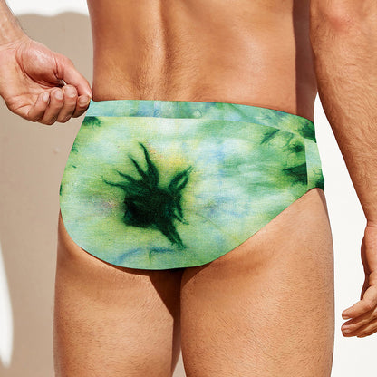 Green And Black Acid Wash Tie Dye Print Men's Swim Briefs