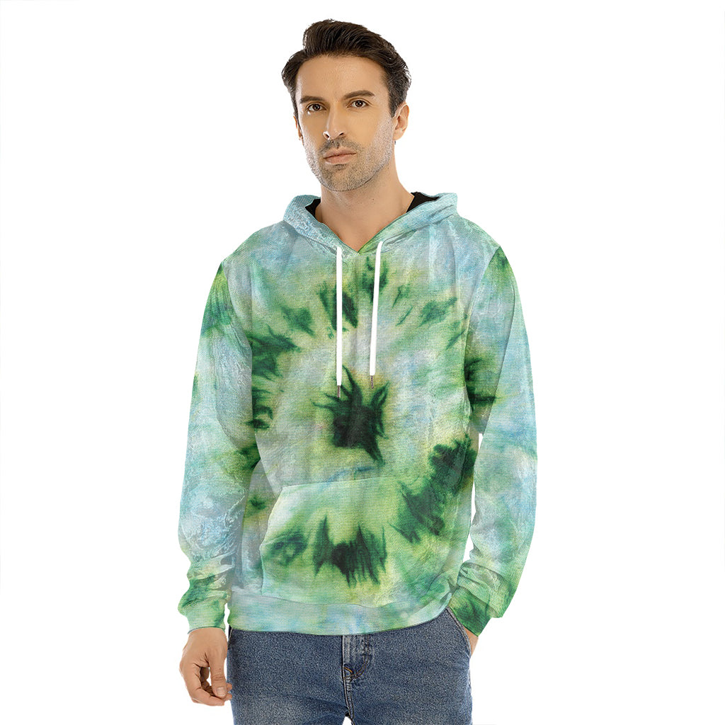 Green And Black Acid Wash Tie Dye Print Men's Velvet Pullover Hoodie