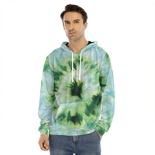 Green And Black Acid Wash Tie Dye Print Men's Velvet Pullover Hoodie