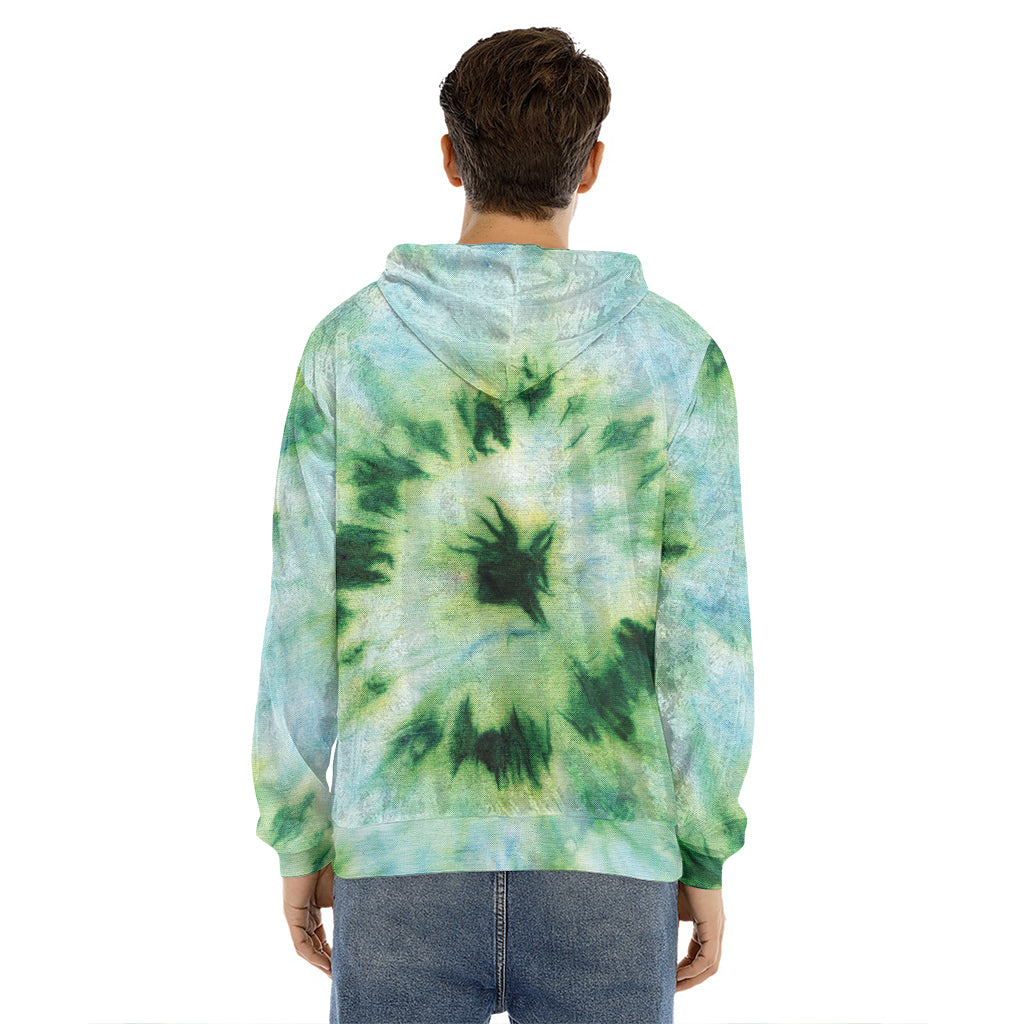 Green And Black Acid Wash Tie Dye Print Men's Velvet Pullover Hoodie