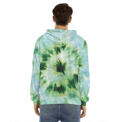 Green And Black Acid Wash Tie Dye Print Men's Velvet Pullover Hoodie
