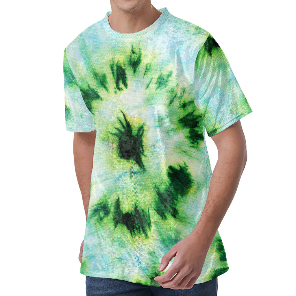 Green And Black Acid Wash Tie Dye Print Men's Velvet T-Shirt