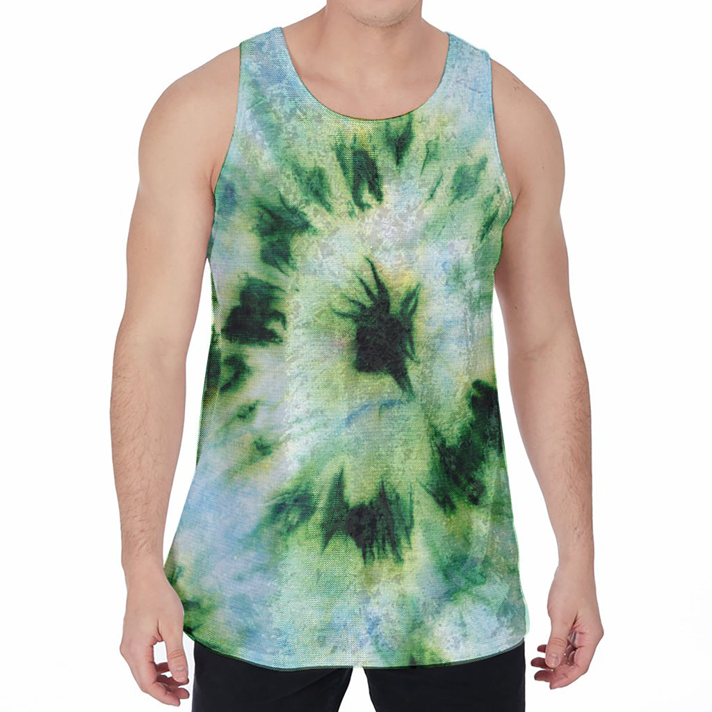 Green And Black Acid Wash Tie Dye Print Men's Velvet Tank Top