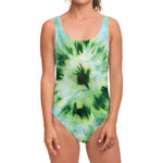 Green And Black Acid Wash Tie Dye Print One Piece Swimsuit