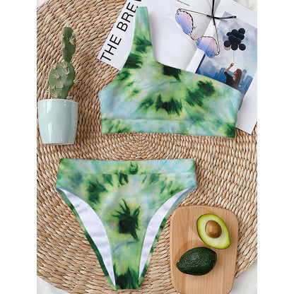 Green And Black Acid Wash Tie Dye Print One Shoulder Bikini Top