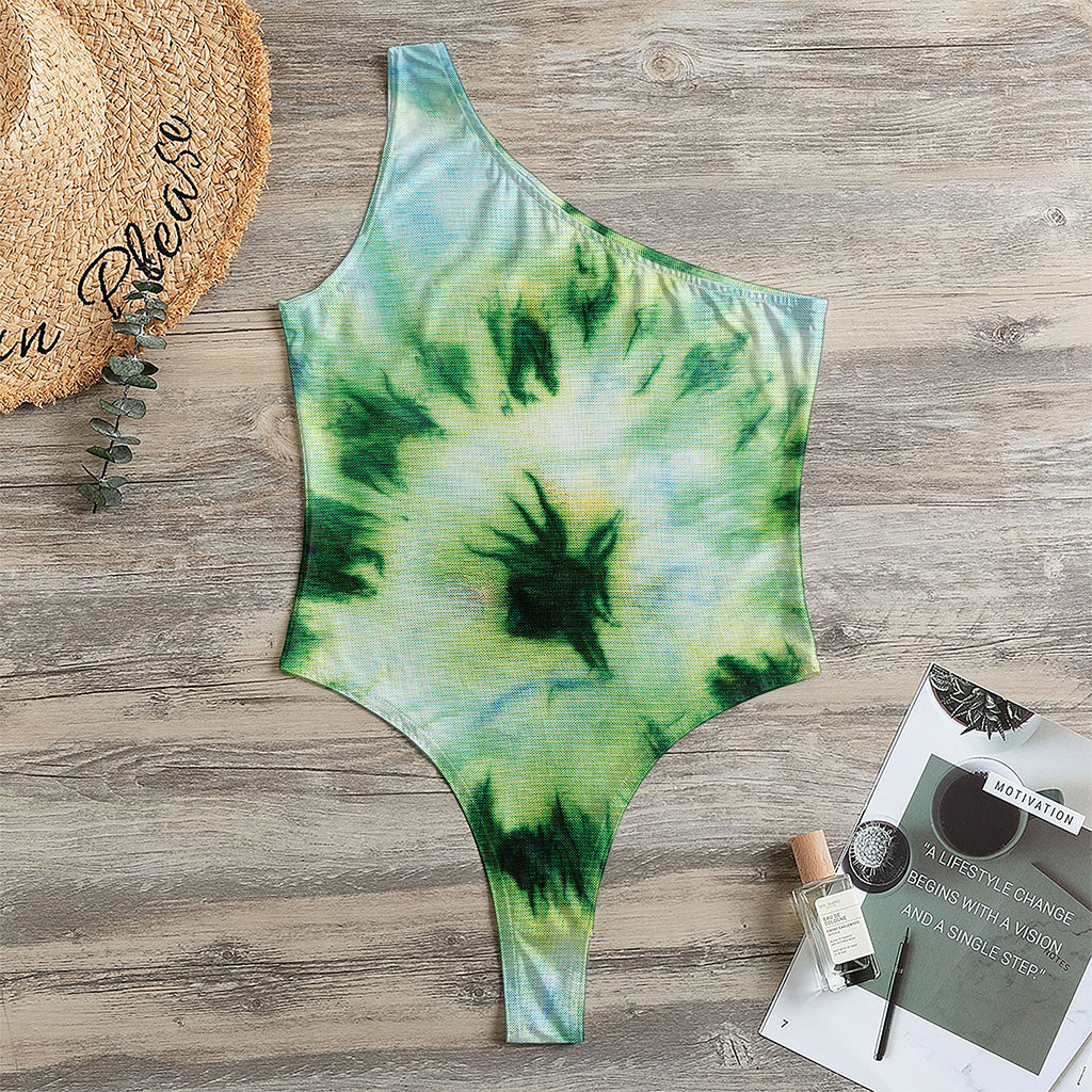 Green And Black Acid Wash Tie Dye Print One Shoulder Bodysuit