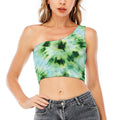 Green And Black Acid Wash Tie Dye Print One Shoulder Crop Top