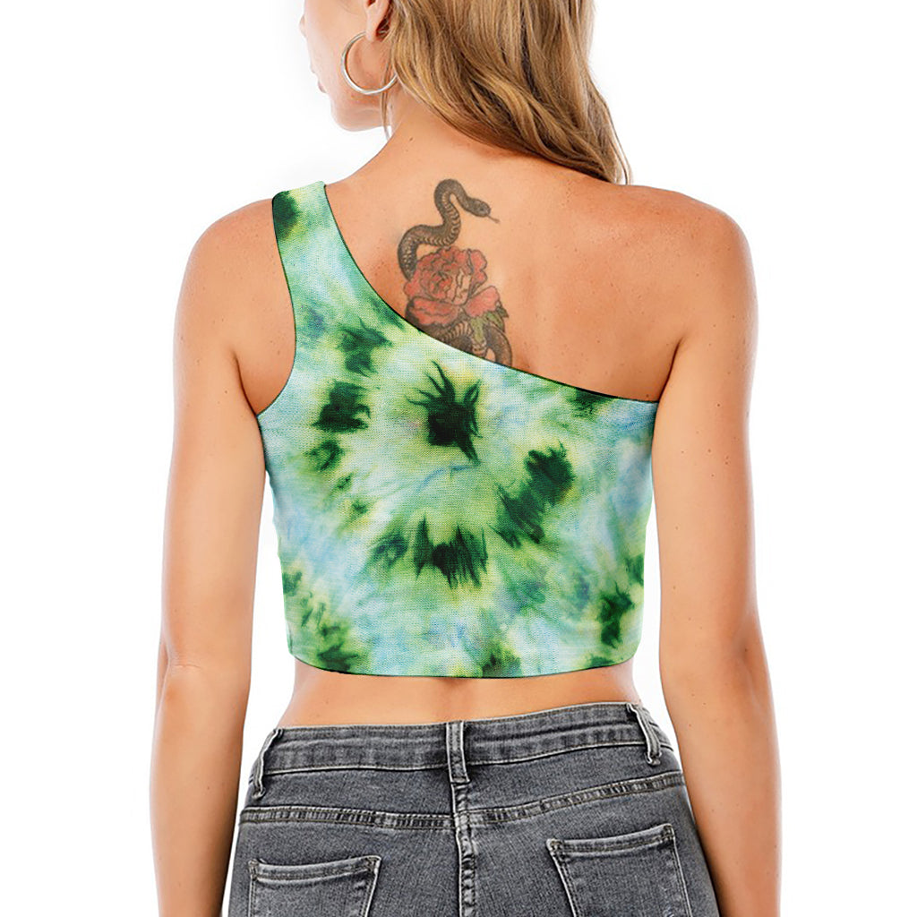 Green And Black Acid Wash Tie Dye Print One Shoulder Crop Top
