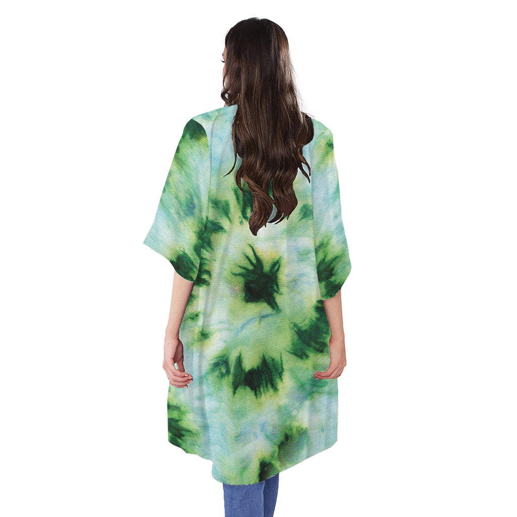 Green And Black Acid Wash Tie Dye Print Open Front Beach Cover Up