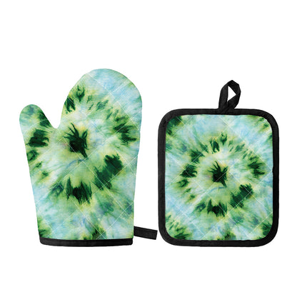 Green And Black Acid Wash Tie Dye Print Oven Mitt And Pot Holder Set