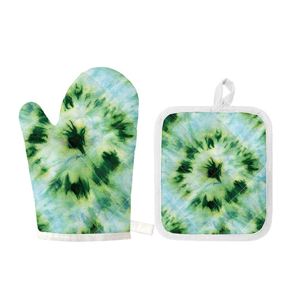 Green And Black Acid Wash Tie Dye Print Oven Mitt And Pot Holder Set