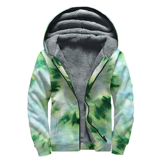 Green And Black Acid Wash Tie Dye Print Sherpa Lined Zip Up Hoodie
