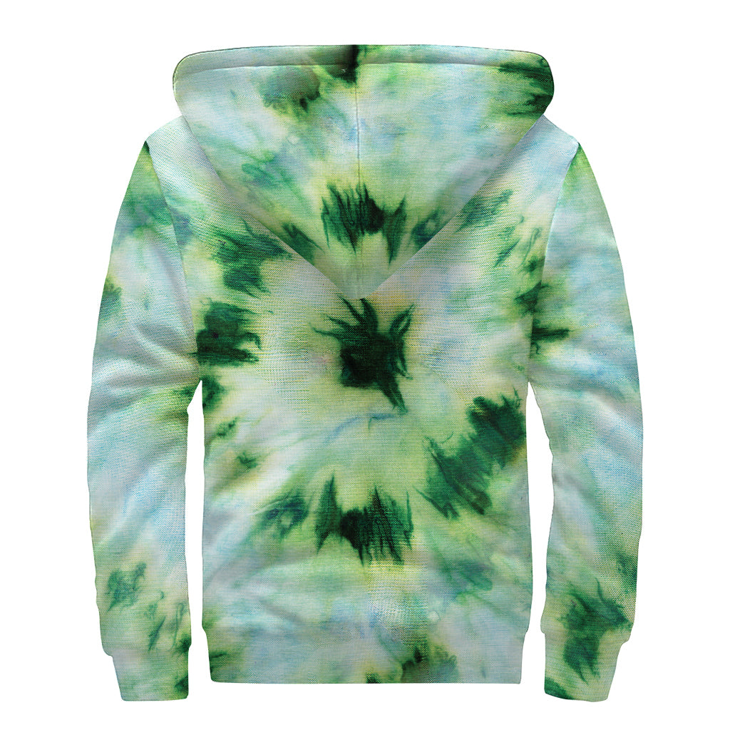 Green And Black Acid Wash Tie Dye Print Sherpa Lined Zip Up Hoodie