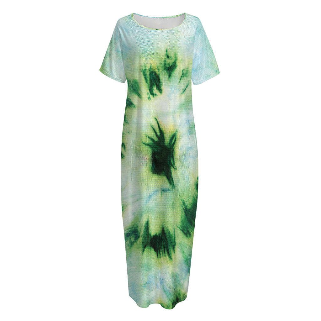 Green And Black Acid Wash Tie Dye Print Short Sleeve Long Nightdress