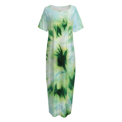 Green And Black Acid Wash Tie Dye Print Short Sleeve Long Nightdress