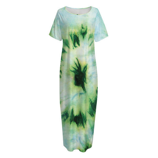 Green And Black Acid Wash Tie Dye Print Short Sleeve Long Nightdress