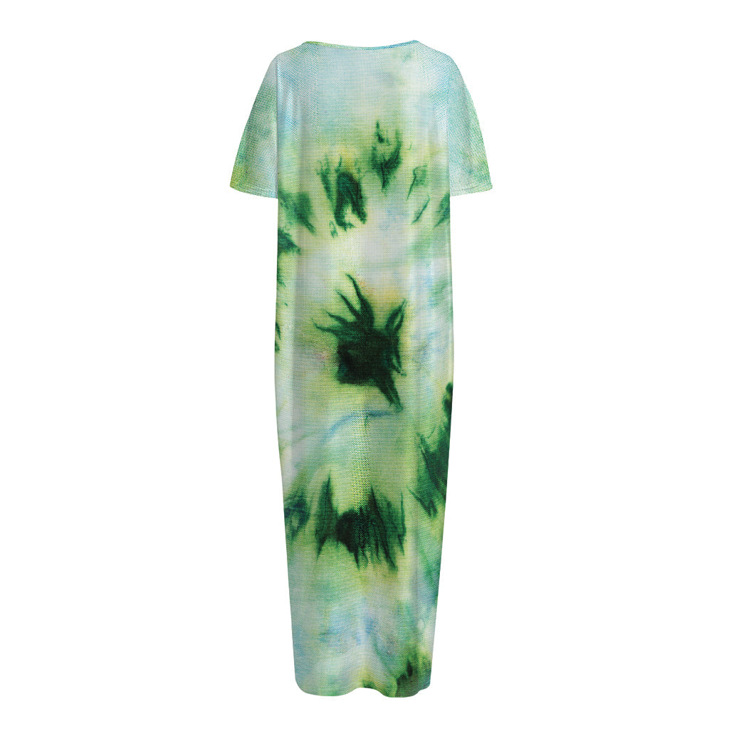 Green And Black Acid Wash Tie Dye Print Short Sleeve Long Nightdress