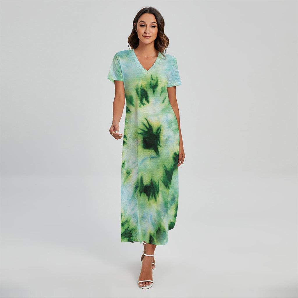 Green And Black Acid Wash Tie Dye Print Short Sleeve Maxi Dress
