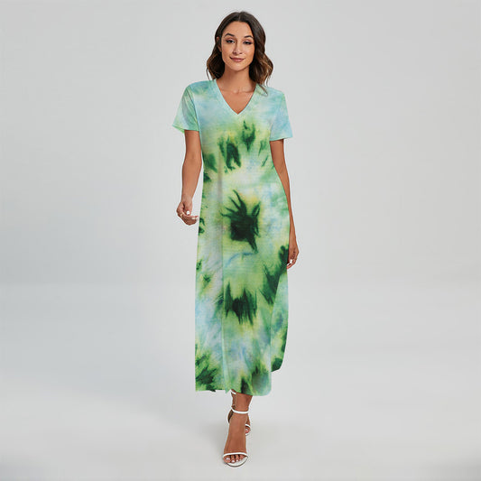 Green And Black Acid Wash Tie Dye Print Short Sleeve Maxi Dress