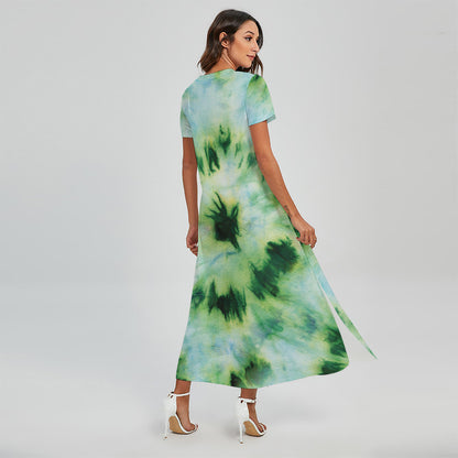 Green And Black Acid Wash Tie Dye Print Short Sleeve Maxi Dress