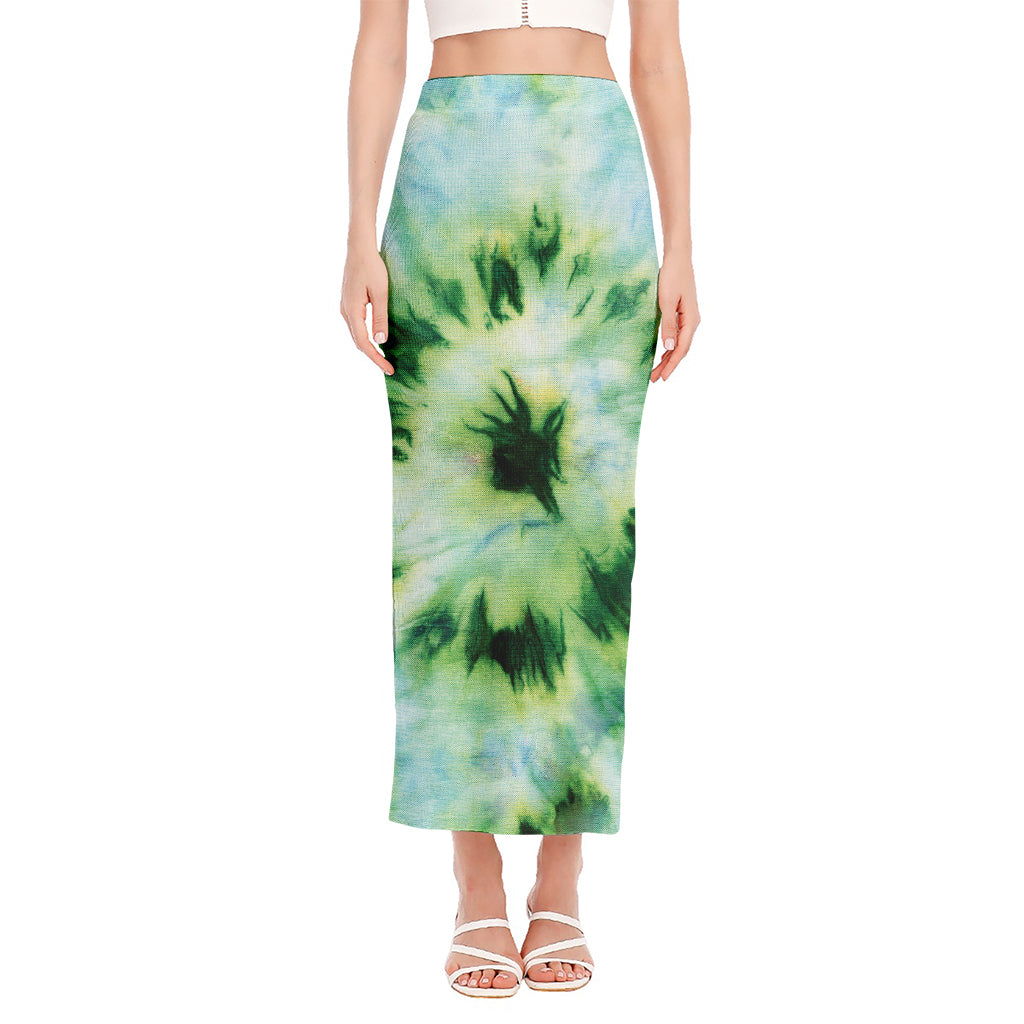 Green And Black Acid Wash Tie Dye Print Side Slit Maxi Skirt