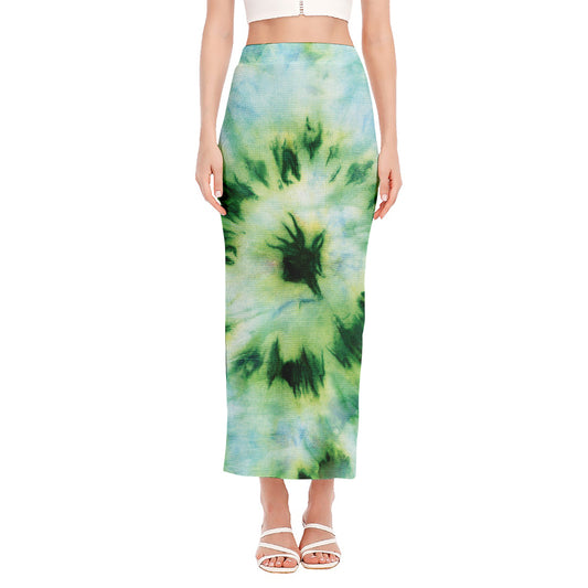 Green And Black Acid Wash Tie Dye Print Side Slit Maxi Skirt