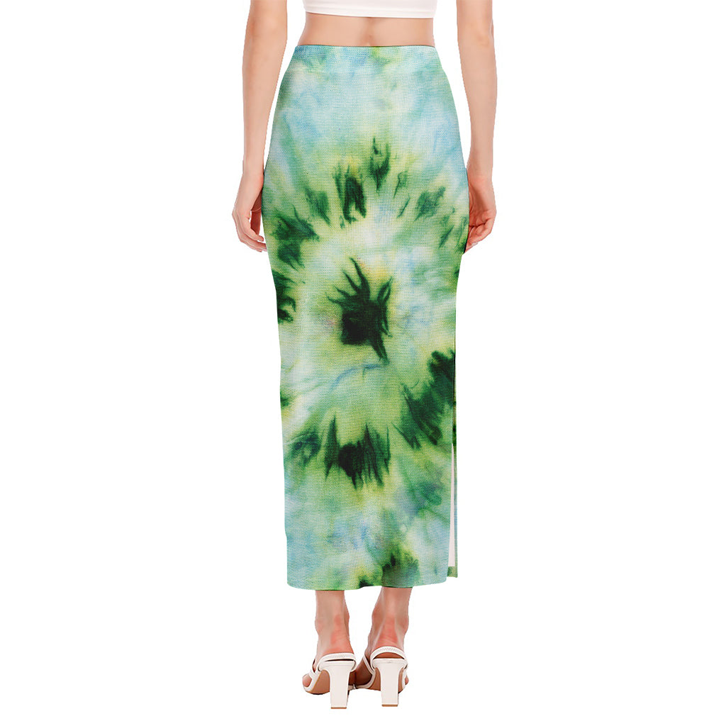 Green And Black Acid Wash Tie Dye Print Side Slit Maxi Skirt