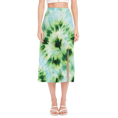 Green And Black Acid Wash Tie Dye Print Side Slit Midi Skirt