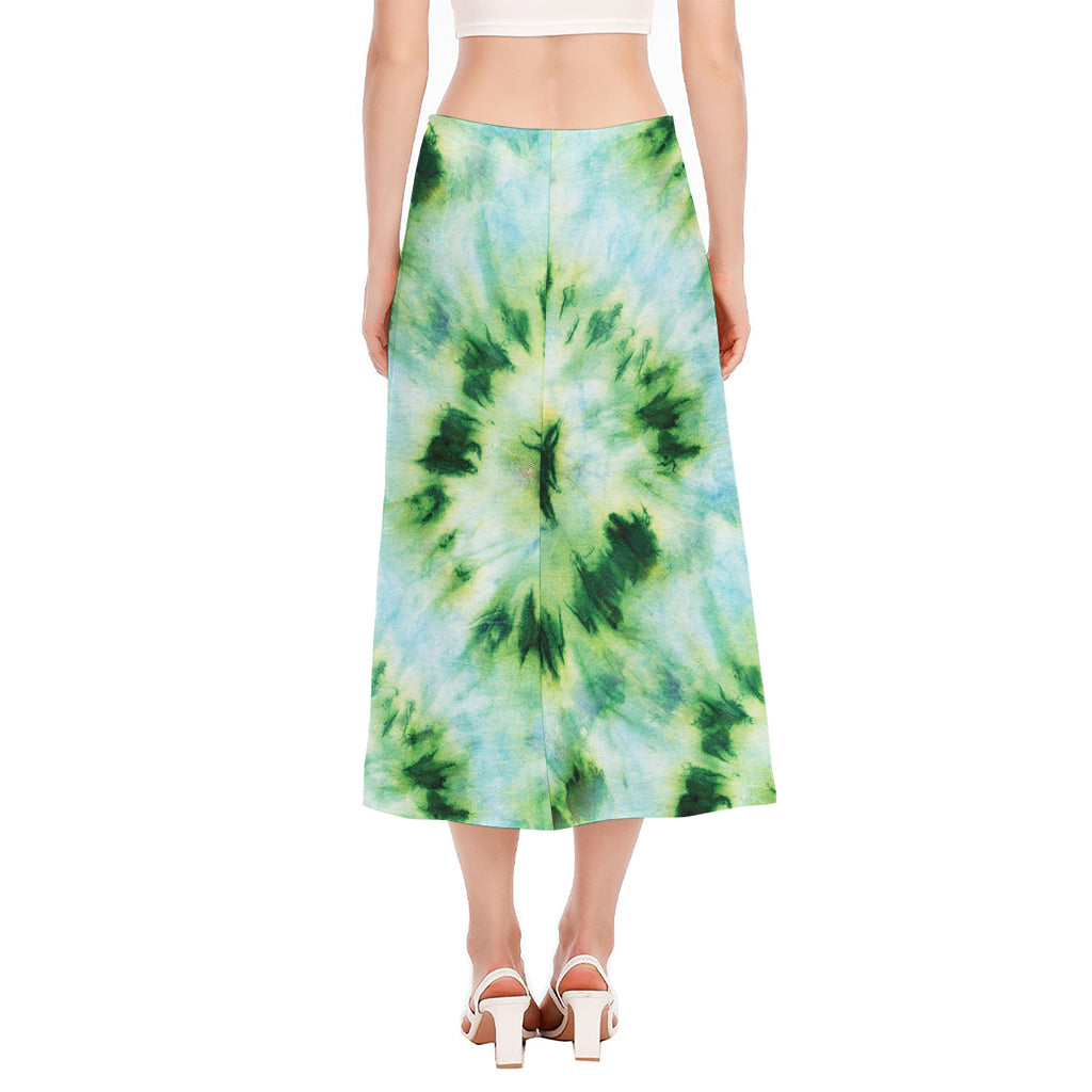 Green And Black Acid Wash Tie Dye Print Side Slit Midi Skirt