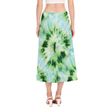 Green And Black Acid Wash Tie Dye Print Side Slit Midi Skirt