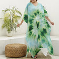 Green And Black Acid Wash Tie Dye Print Silk V-Neck Kaftan Dress