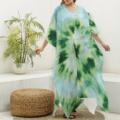 Green And Black Acid Wash Tie Dye Print Silk V-Neck Kaftan Dress