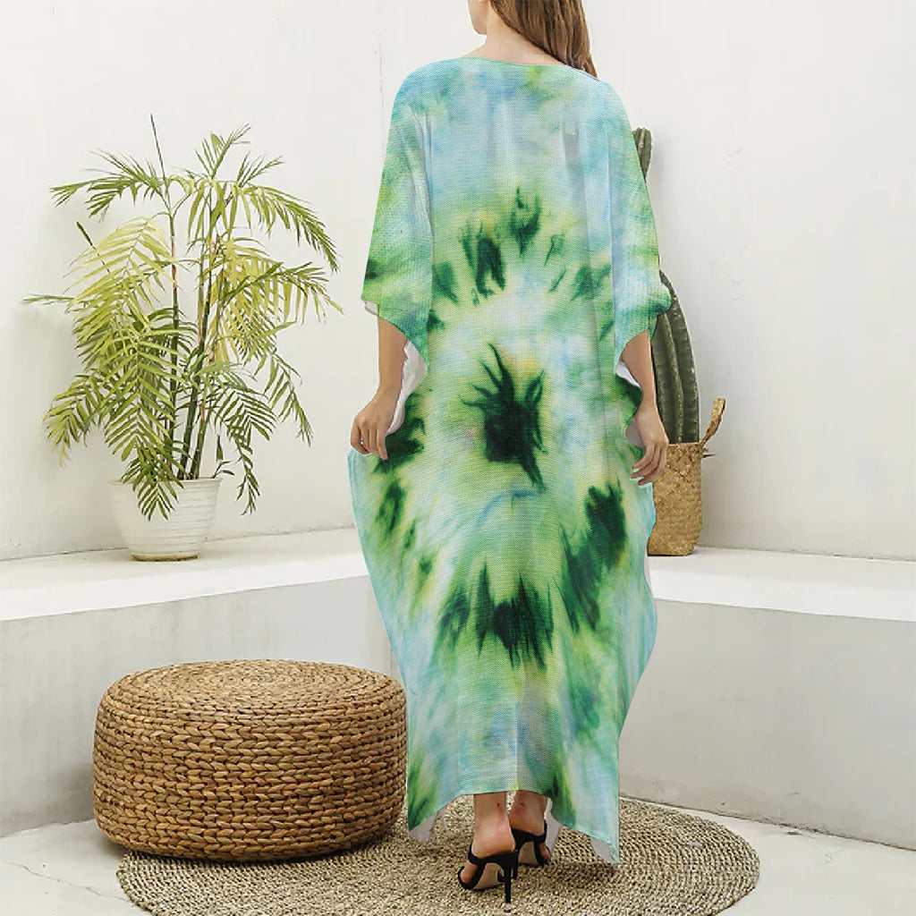 Green And Black Acid Wash Tie Dye Print Silk V-Neck Kaftan Dress