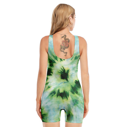 Green And Black Acid Wash Tie Dye Print Sleeveless One Piece Swimsuit