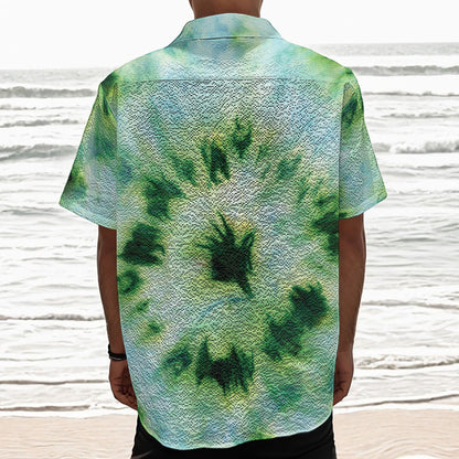 Green And Black Acid Wash Tie Dye Print Textured Short Sleeve Shirt