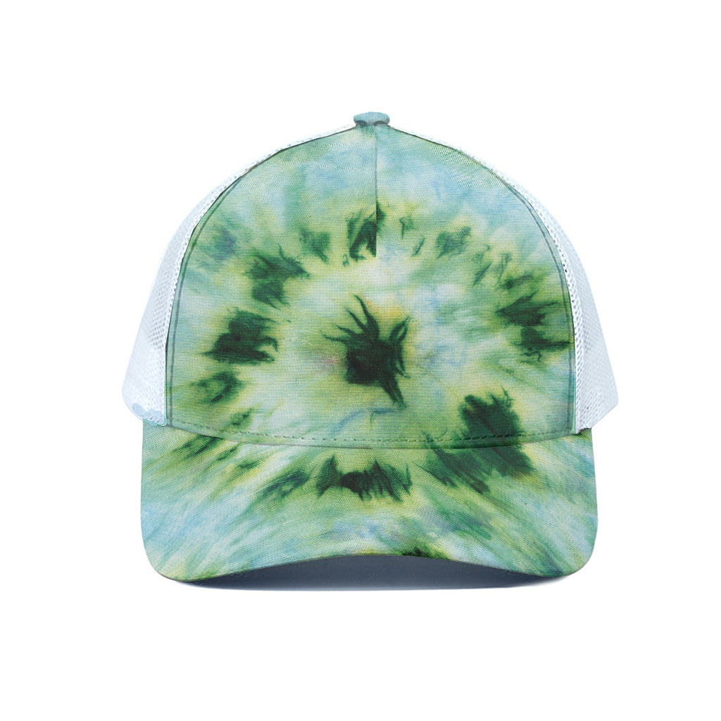 Green And Black Acid Wash Tie Dye Print White Mesh Trucker Cap