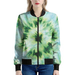 Green And Black Acid Wash Tie Dye Print Women's Bomber Jacket