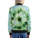 Green And Black Acid Wash Tie Dye Print Women's Bomber Jacket