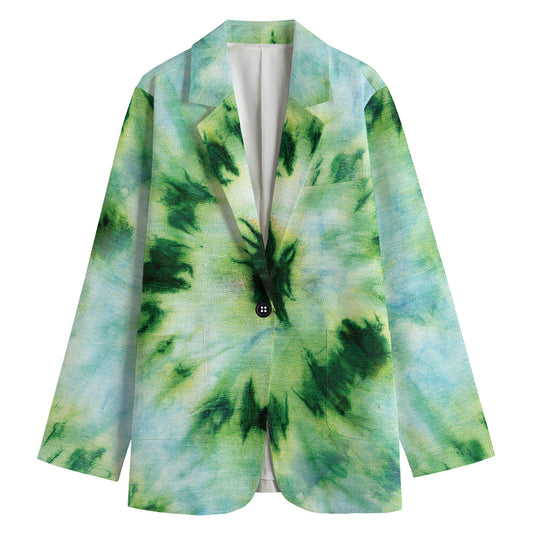 Green And Black Acid Wash Tie Dye Print Women's Cotton Blazer
