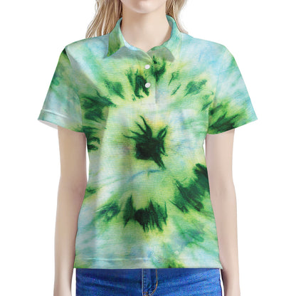 Green And Black Acid Wash Tie Dye Print Women's Polo Shirt
