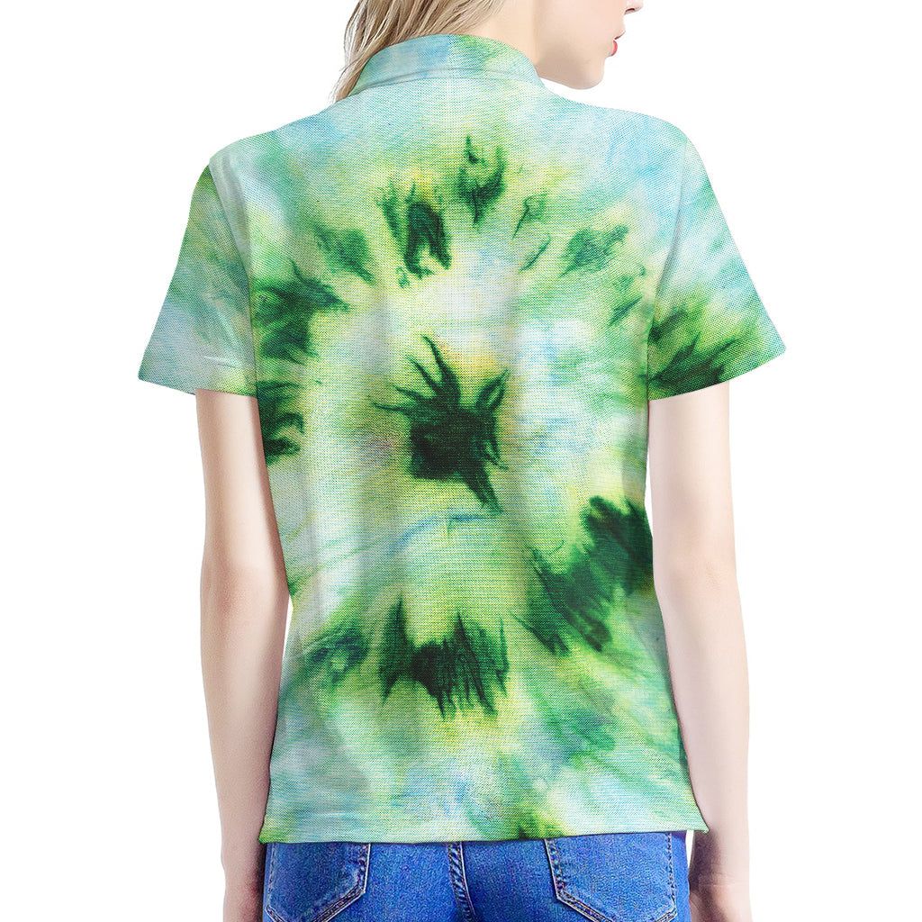Green And Black Acid Wash Tie Dye Print Women's Polo Shirt