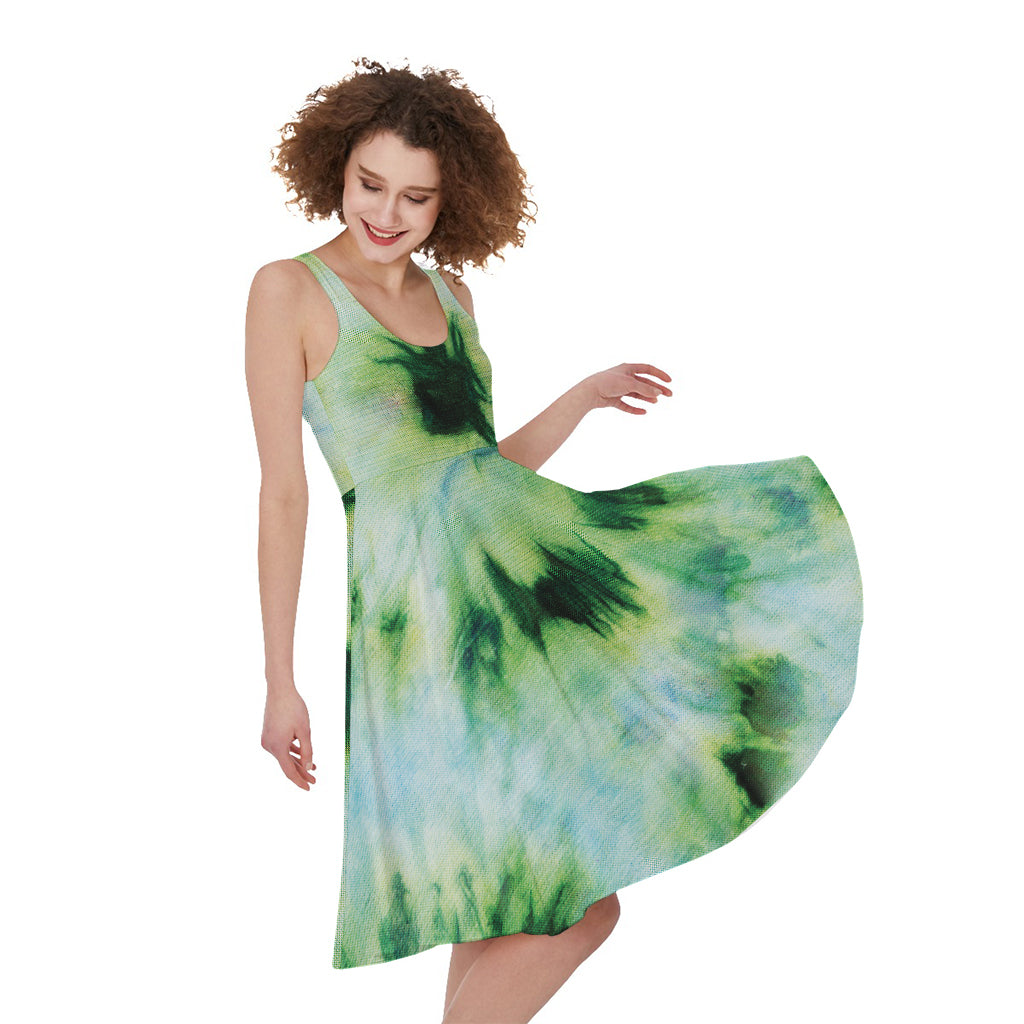 Green And Black Acid Wash Tie Dye Print Women's Sleeveless Dress