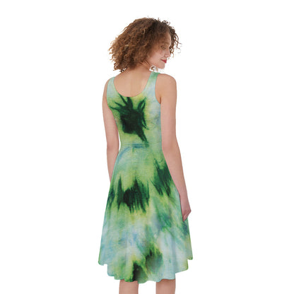 Green And Black Acid Wash Tie Dye Print Women's Sleeveless Dress