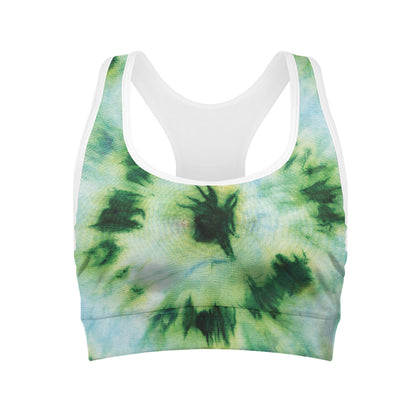 Green And Black Acid Wash Tie Dye Print Women's Sports Bra