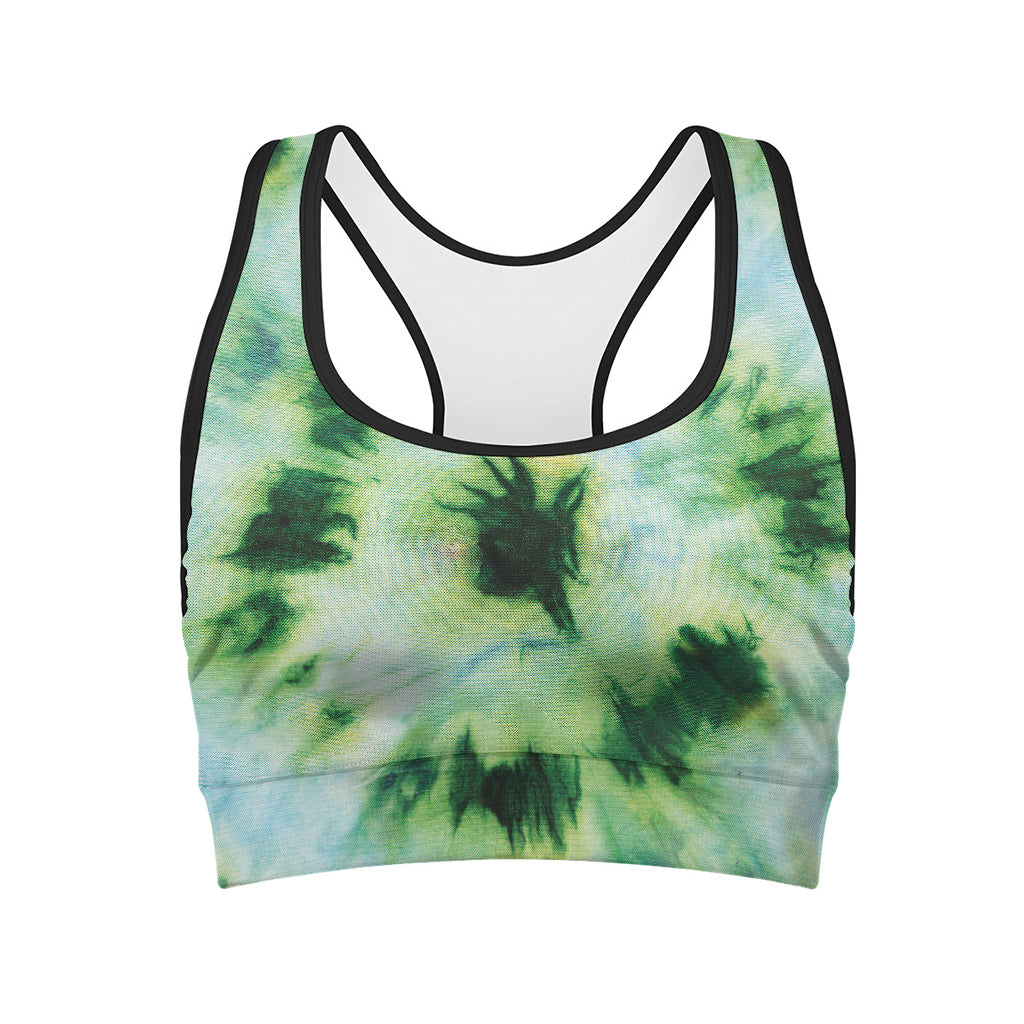 Green And Black Acid Wash Tie Dye Print Women's Sports Bra