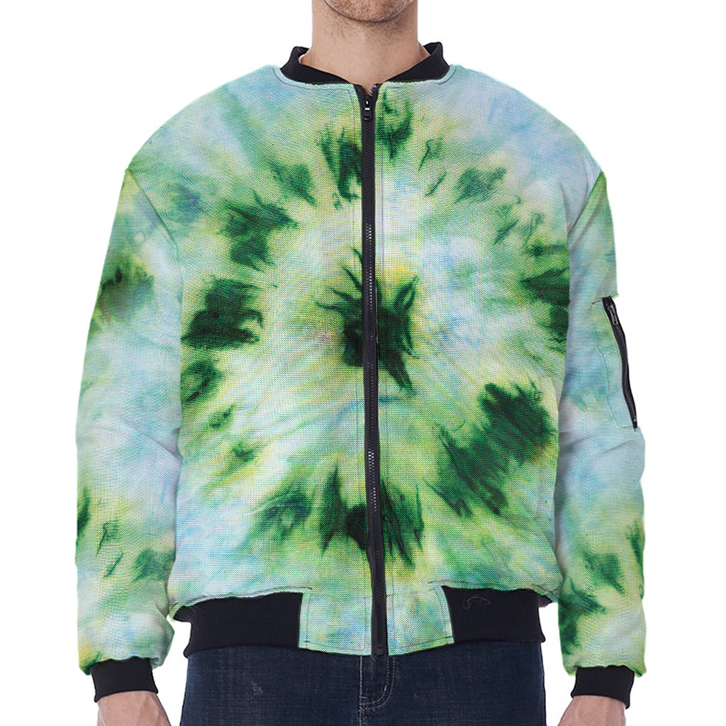 Green And Black Acid Wash Tie Dye Print Zip Sleeve Bomber Jacket