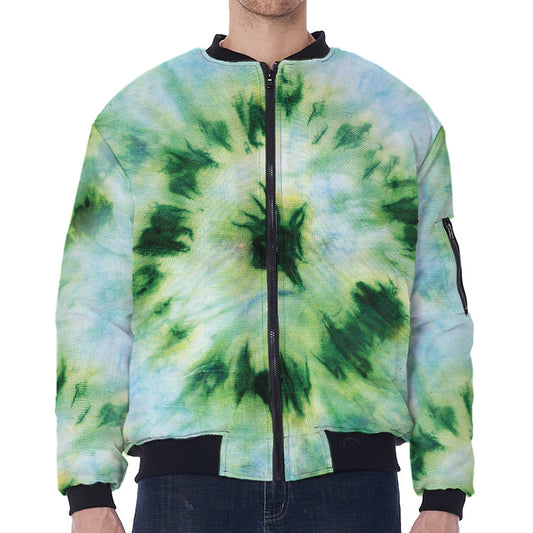 Green And Black Acid Wash Tie Dye Print Zip Sleeve Bomber Jacket